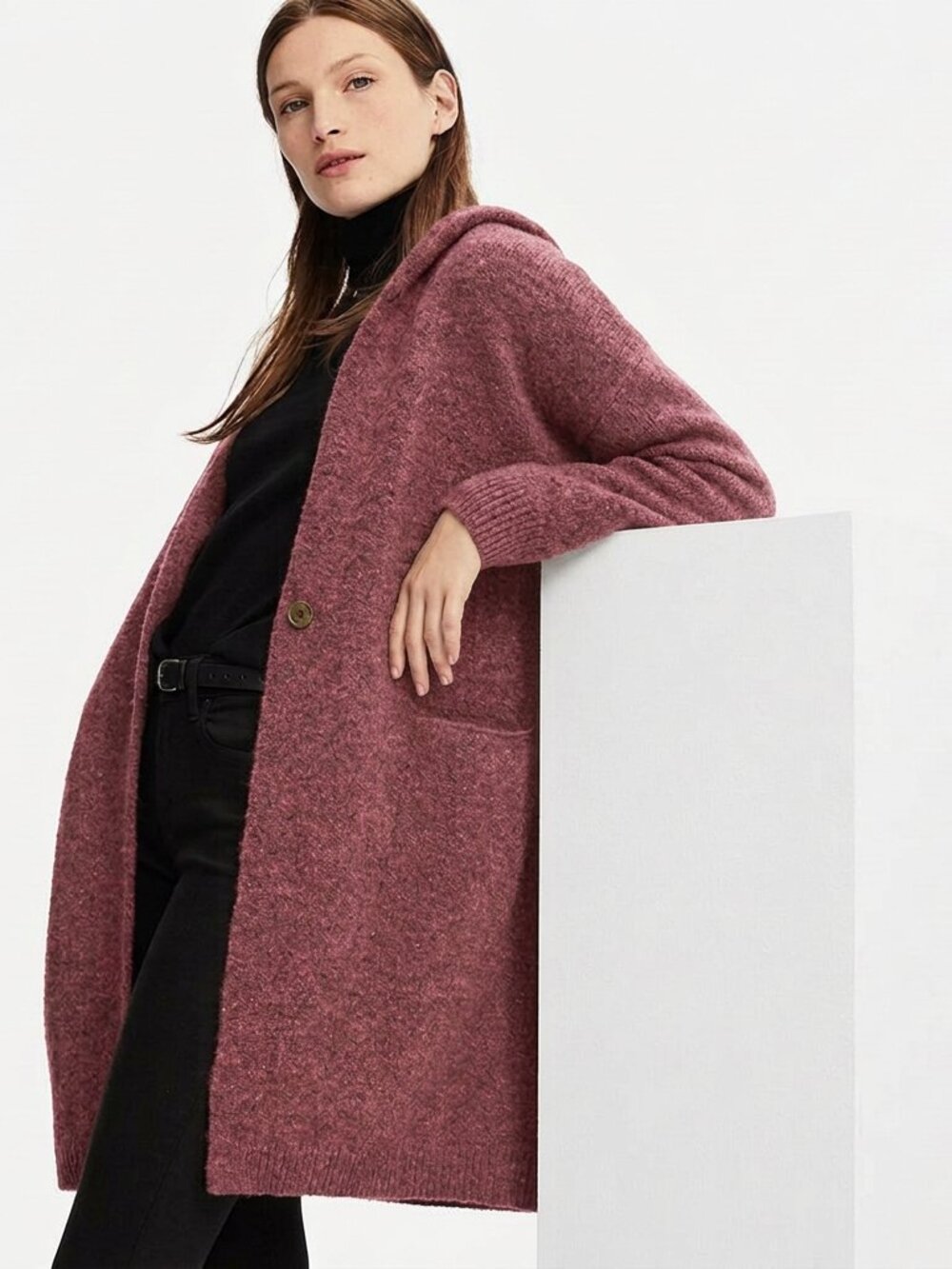 Flecked Wool Longline Duster Coat Hoodigan with Single button closure & Pockets